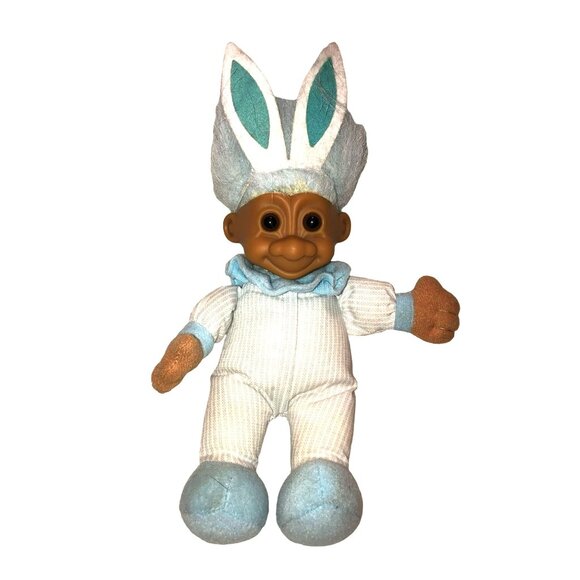EASTER BUNNY TROLL DOLL W/ BUNNY EARS BLUE HAIR BROWN EYES PLUSH STUFFED ANIMAL - Picture 2 of 4